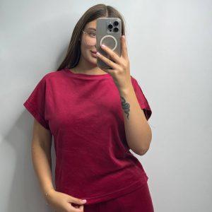 Жіночий комплект-трійка з плюшевого велюру — штани, шорти та футболка вишневий